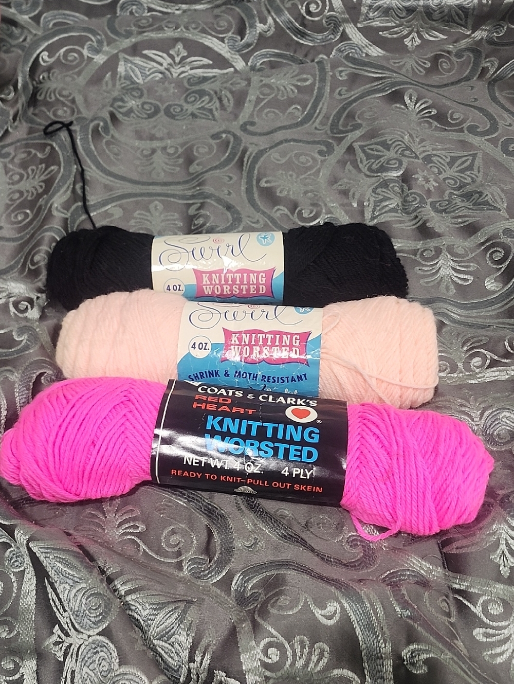 Vintage 100% Wool 3 Pk Knitting Worsted Yarn Various Colors Pink Black